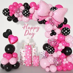 Party Pink Mouse Balloon Garland Arch Kit for Cartoon Mouse Theme Birthday Party Decorations Girl, Pink Black Rose Red Bow Foil Balloons Banners for Mouse Party Supplies