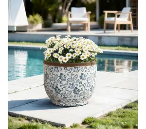 LuxenHome Blue Floral Ceramic Planter, 15.59" Round Pot