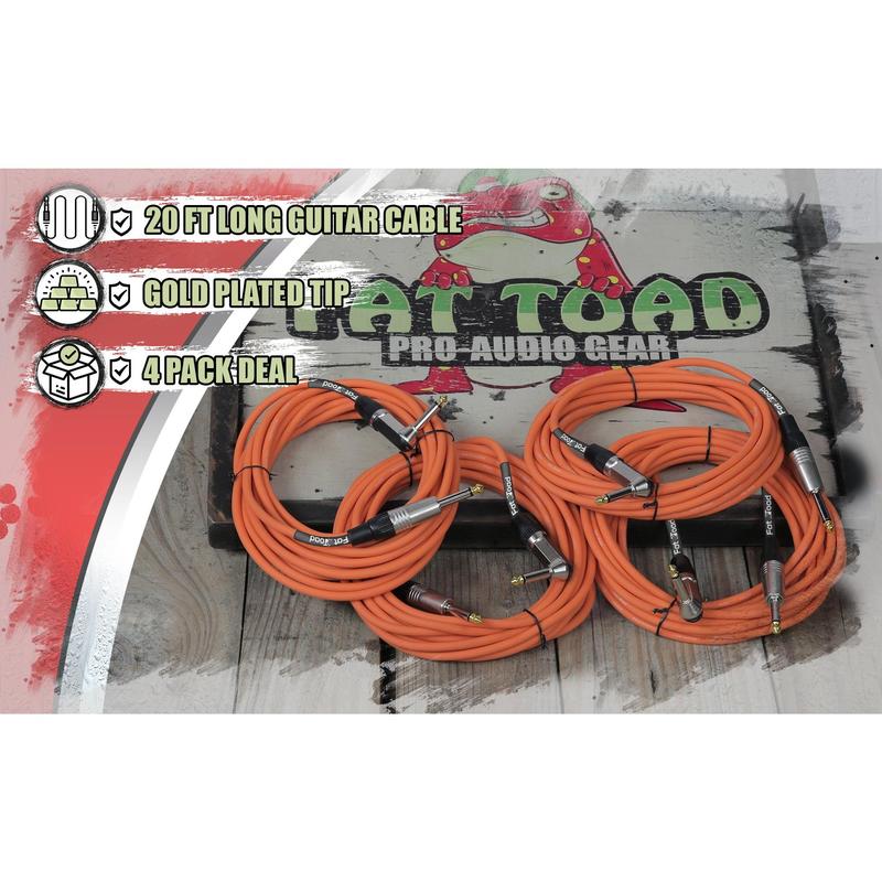Guitar Cords (4 Pack) Right Angle Instrument Cable by FAT TOAD | 20FT 1/4 Inch Straight-End Wires for Electric Guitar, Bass, Keyboards & Music Sound Recording Studio | Shielded 24 AWG Patch Conductor