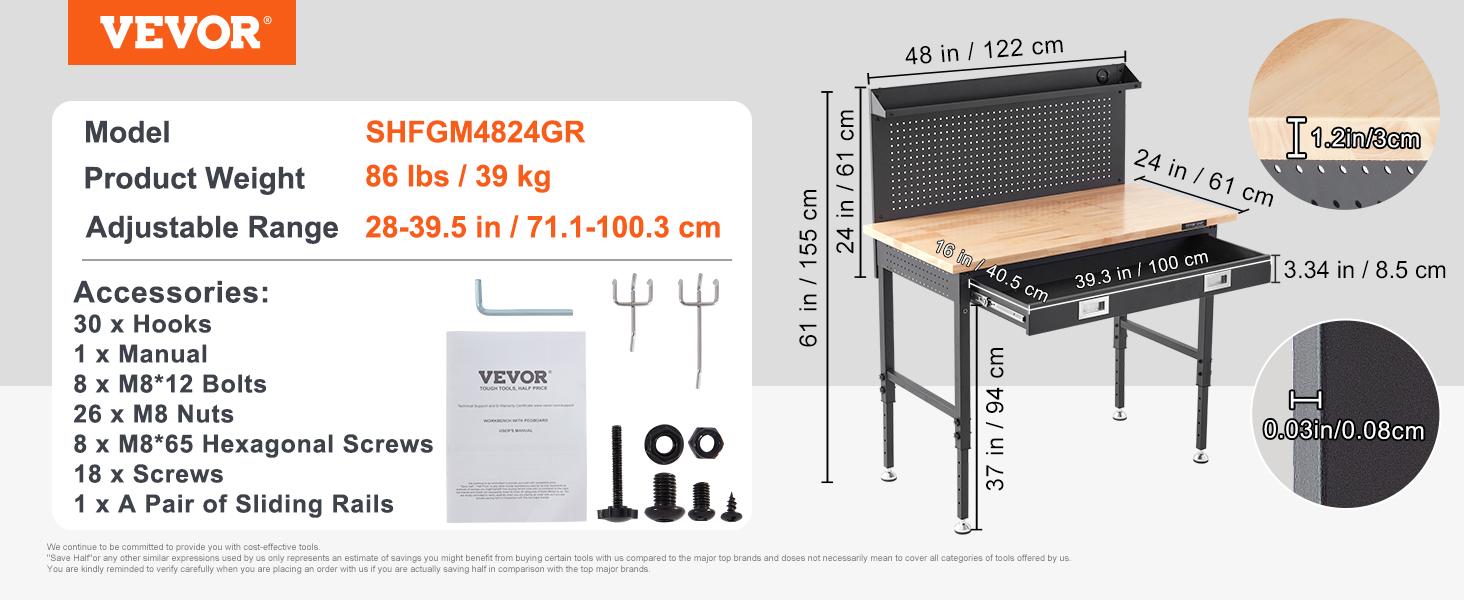 VEVOR Workbench Adjustable Height 28-39.5" Work Bench For Garage Oak Plank & Carbon Steel Heavy Duty Workbench 2000lbs Weight Capacity Bench top Size 48x24" Hardwood Workbench 3m Cable 30 Hooks