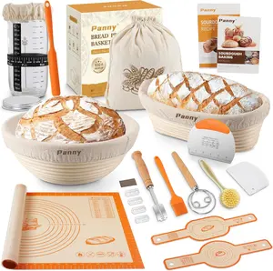Panny Sourdough Starter Kit, Banneton Bread Proofing Basket with Glass Sour Dough Starter Jar, Sourdough Bread Baking Supplies, Making Tools, 9" Round & 10" Oval Baskets, Christmas Gift for Men Women