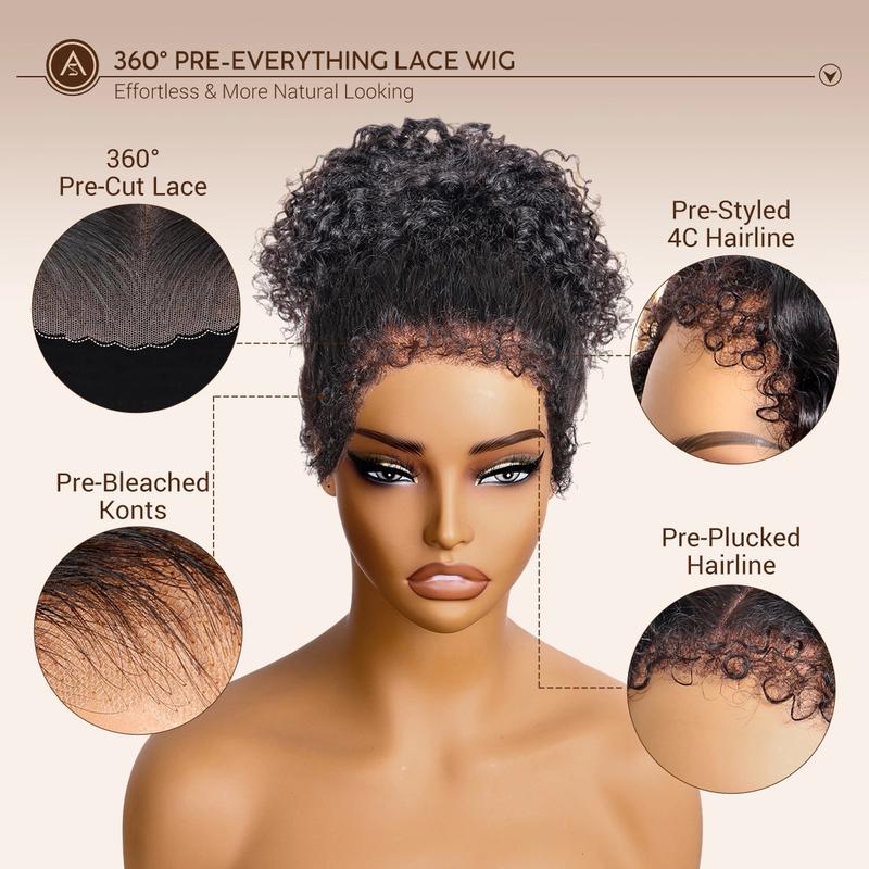 Realistic Newborn Hairline  Kinky Curly Invisi Strap Snug Fit 360 Transparent Lace Frontal Bleached Knots Pre Cut Lace Wig With Drawstring