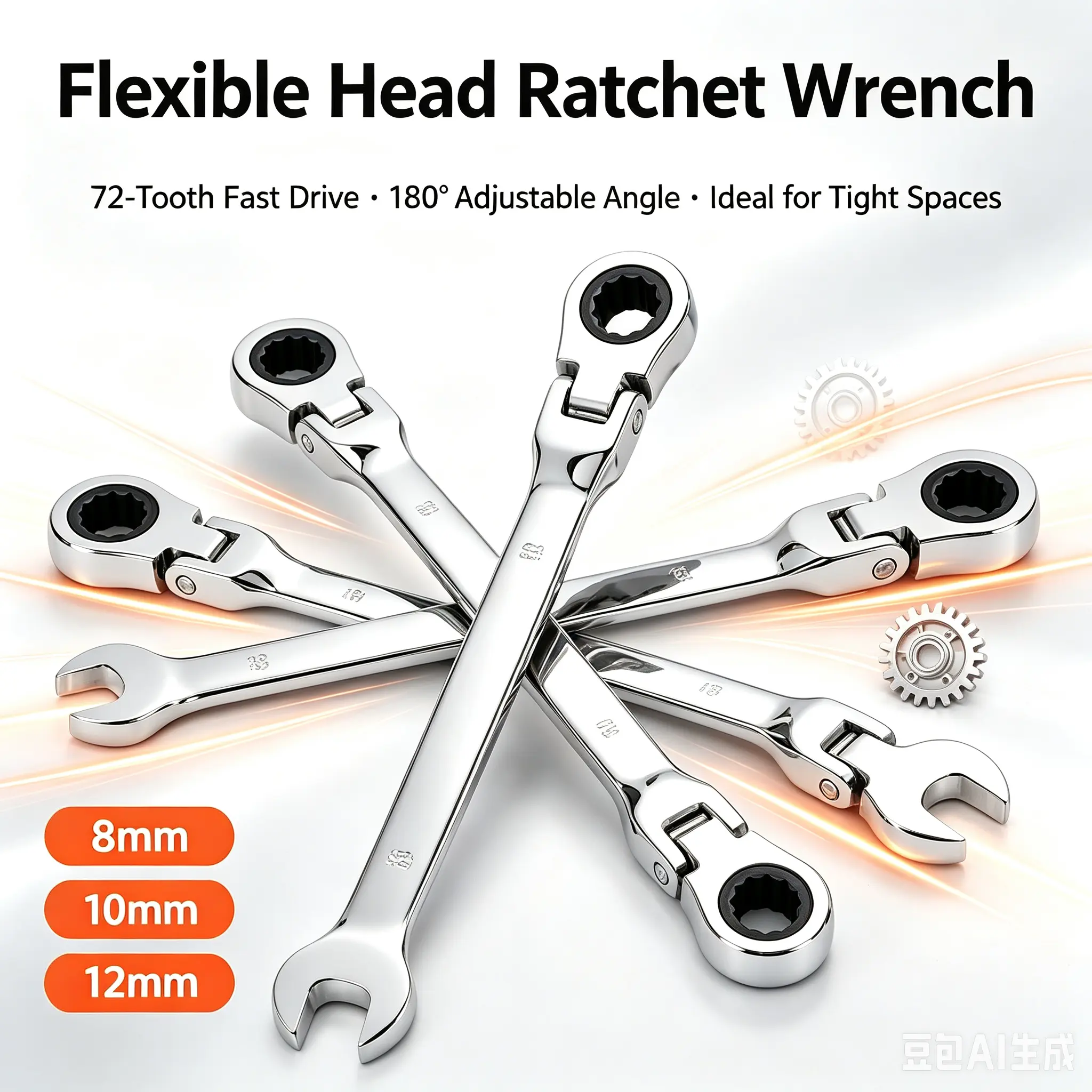 Flexible Head Ratchet Combination Wrench Set, 8mm 10mm 12mm Metric 72 Tooth 12 Point Swivel Spanner, 180° Adjustable Flex Ratchet Wrench Dual Open Ring End, Chrome Vanadium Steel Hand Tool for Car Bike Machinery Repair