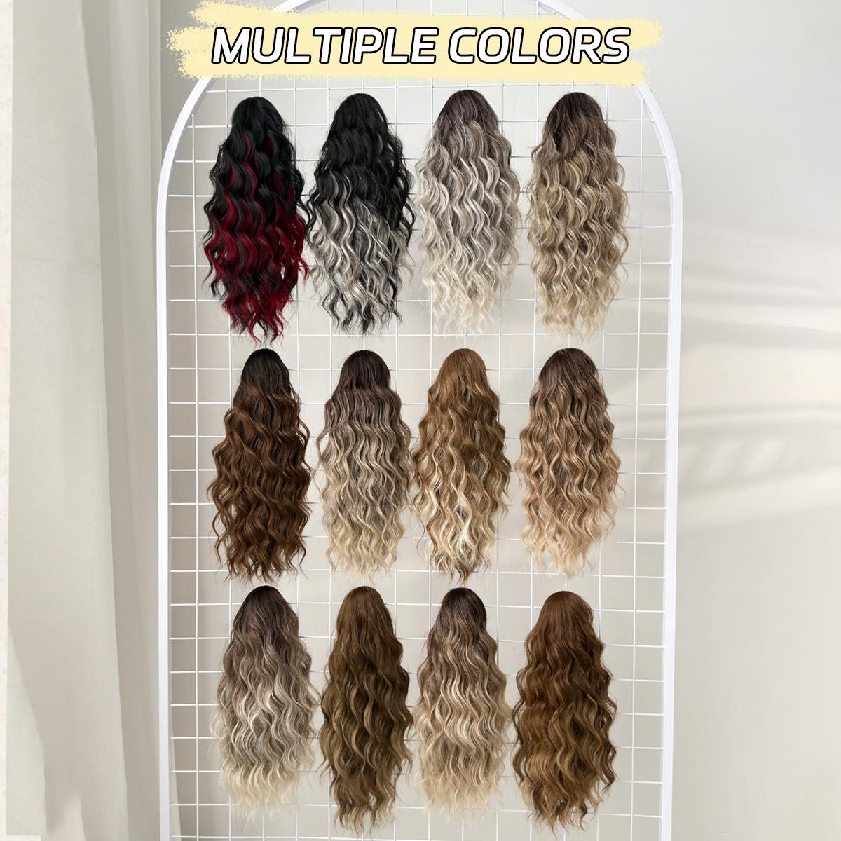 HEYPINK Short Claw Ponytail Extension - 18in Black-Brown Ombre Water Wave, Heat-Resistant Synthetic Fiber Hairpiece with Hair Transition for Women, Party & Daily Use