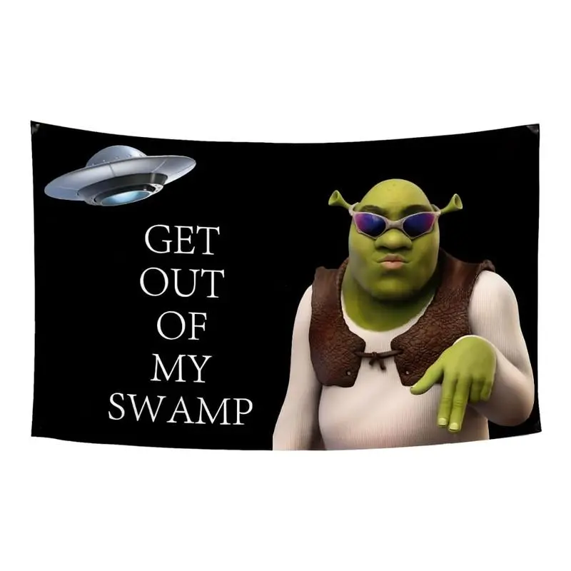 Funny Shrek Themed Decor Flag Printed With "Get Out of My Swamp", 40×60 Inches Wall Tapestry, Indoor Room & Outdoor Garden Hanging Decor, Machine Washable (Gentle Cycle Only)