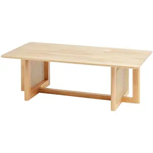 47-Inch Modern Boho Rectangle Rattan Coffee Table - Rubber Wood Top, Natural Wood Legs, Ideal for Living Room, Bedroom & Small Spaces