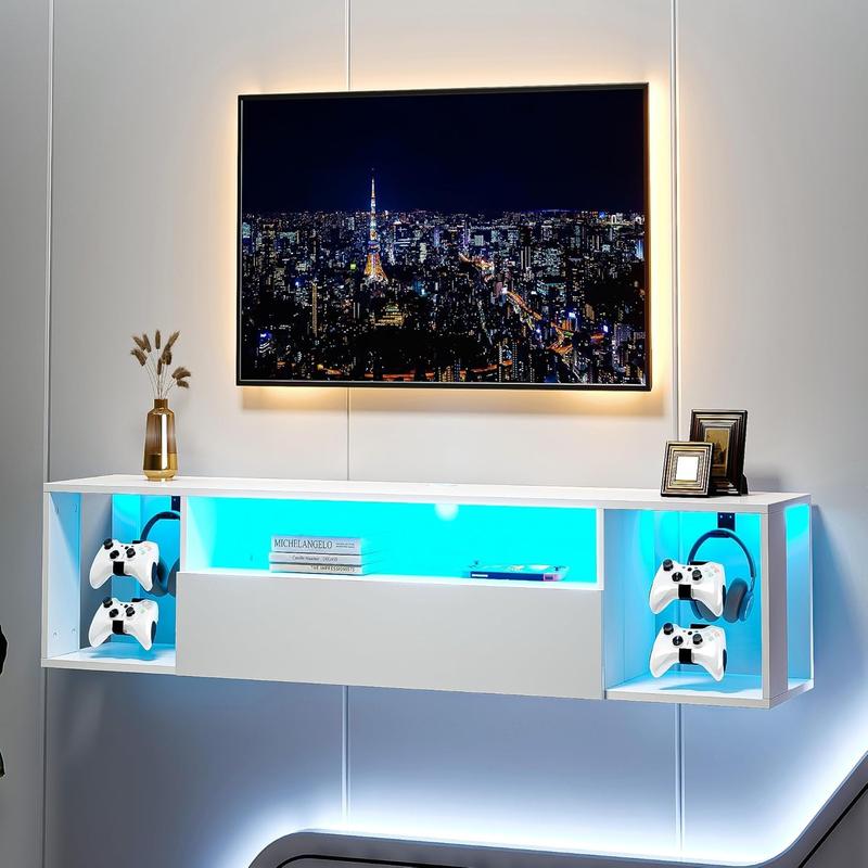 Soges 55" Floating TV Stand with LED Lights, Wall Mounted Entertainment Centre with 2 Headphone & 4 Gaming Handle Hooks, Modern Space Saving Media Console TV Shelf with Storage for Living Room Bedroom