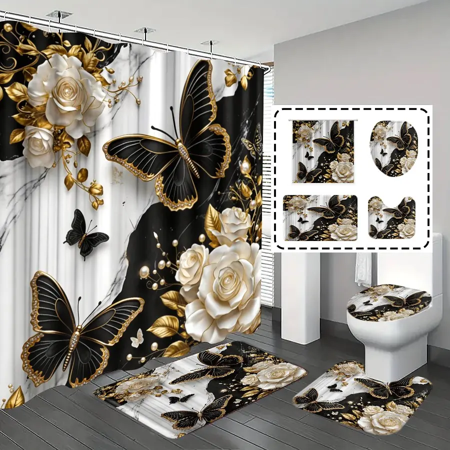 Waterproof Bathroom Shower Curtain Set (1/4 Pcs) - Marble Butterfly Pattern, Luxury Decor, Bath Mat Rug, Seat Accessory, 12 Metal Hanging Hooks, Home Gift