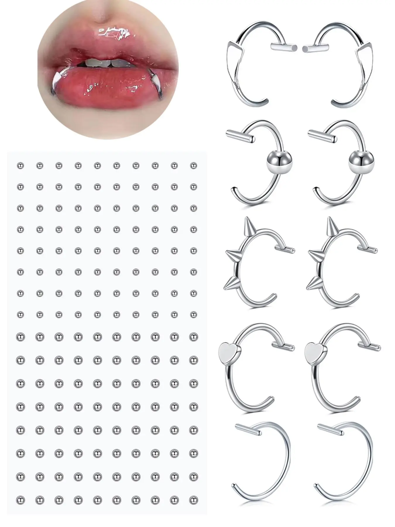 Fake Piercing Jewelry Set, Faux Lip & Nose Ring, Fake Studs for Nose, Eyebrow & Lip, Punk Style Body Jewelry for Women & Men, Fake Nose Piercings