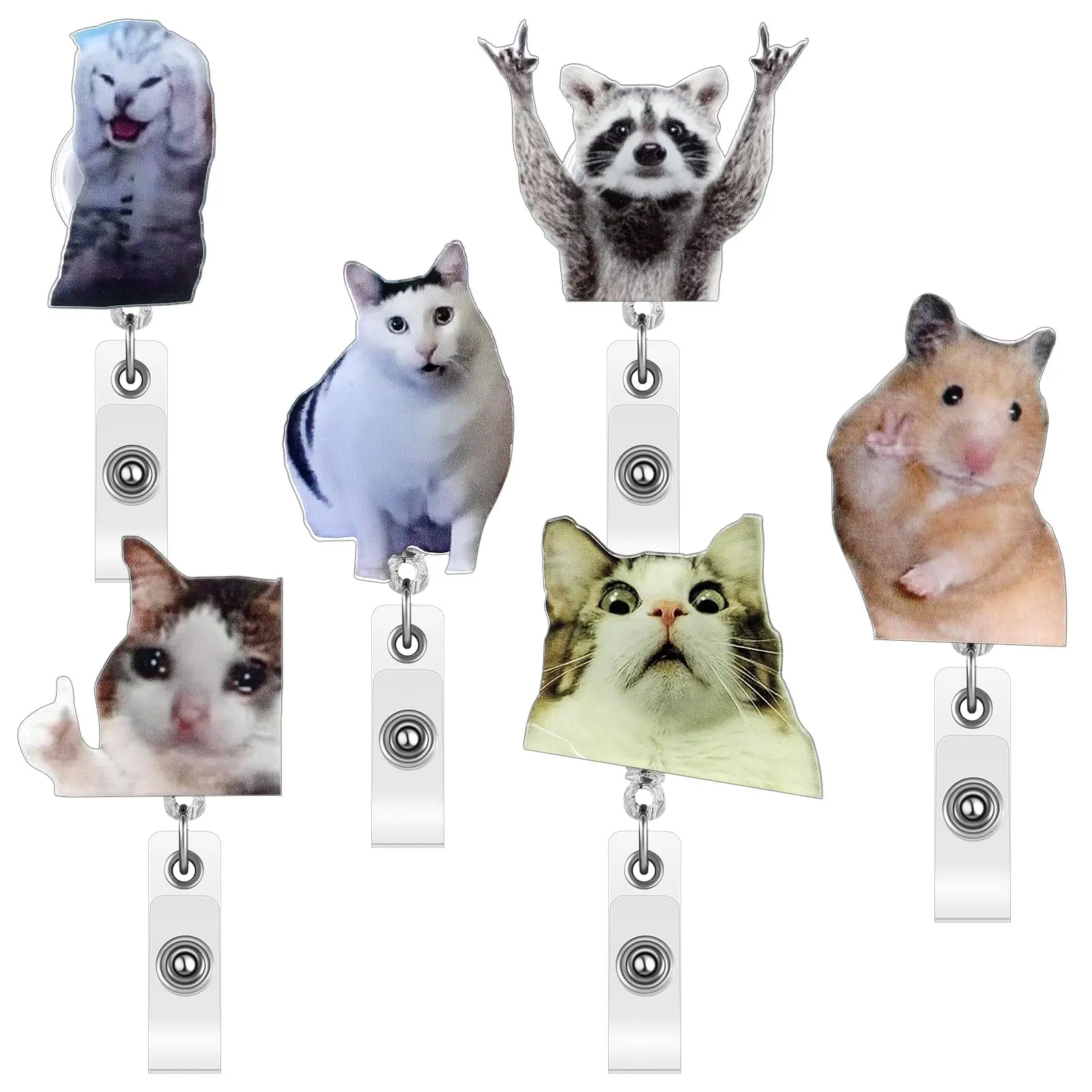 Gejoy Cute Animal Badge Reels Back to School Set 3/4/6pcs Funny Cat Retractable ID Badge Holder with Alligator Clip, School Supplies for Students Teachers Nurse Office, Cute Expressive Mood Acrylic Card Holder, Back to School Gifts