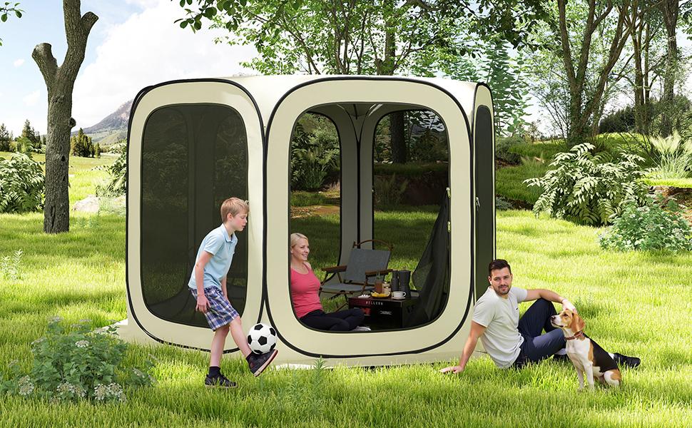 Outsunny 11 x 11ft Pop Up Screen Tent, Portable Camping Gazebo Canopy Screen House with UPF50+ Oxford Cloth and Carry Bag for Patio, Backyard, Deck