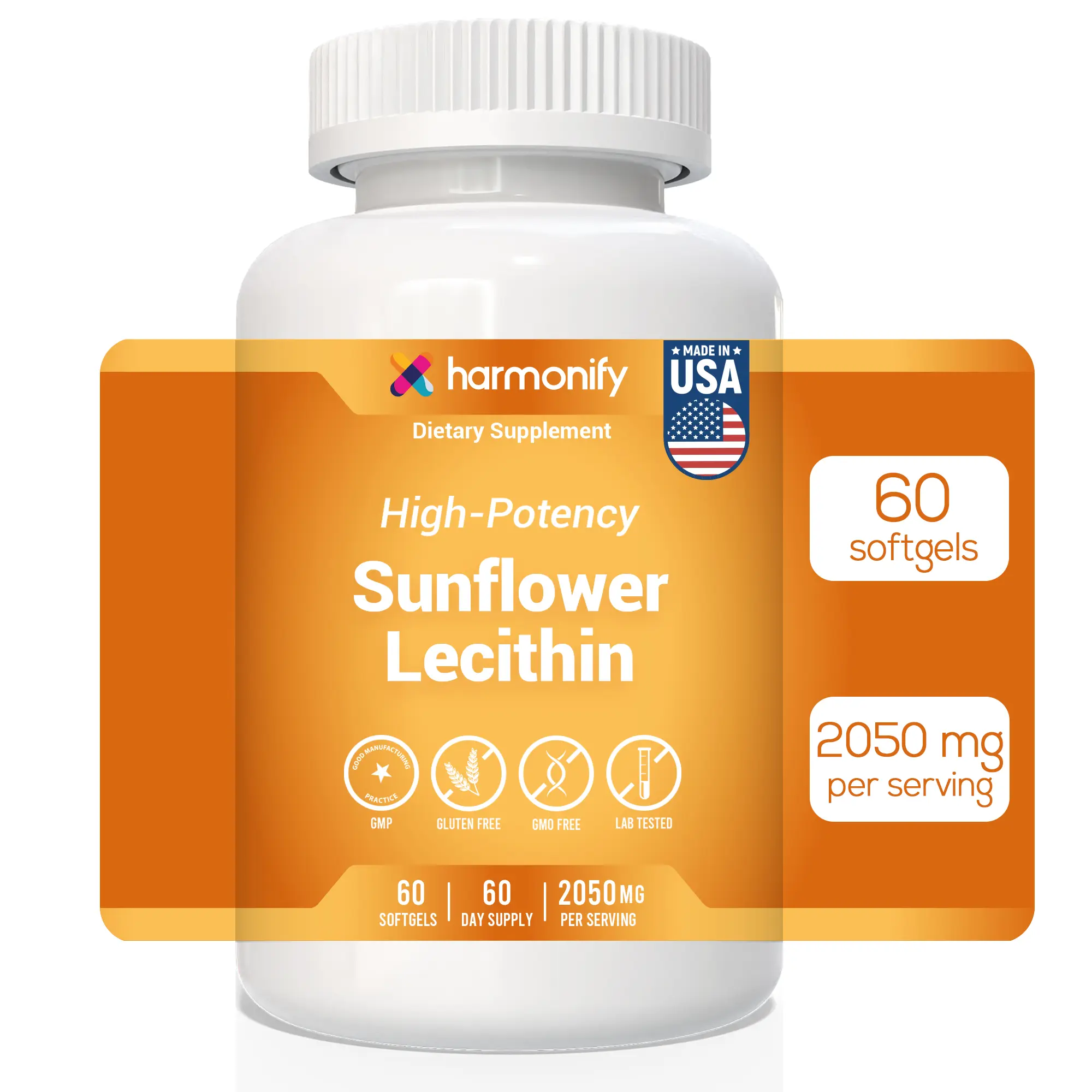 HARMONIFY Sunflower Lecithin Wellness Supplement, 2050 mg High-Potency, Non-GMO & Gluten-Free, 60 Softgels, Proudly USA Company