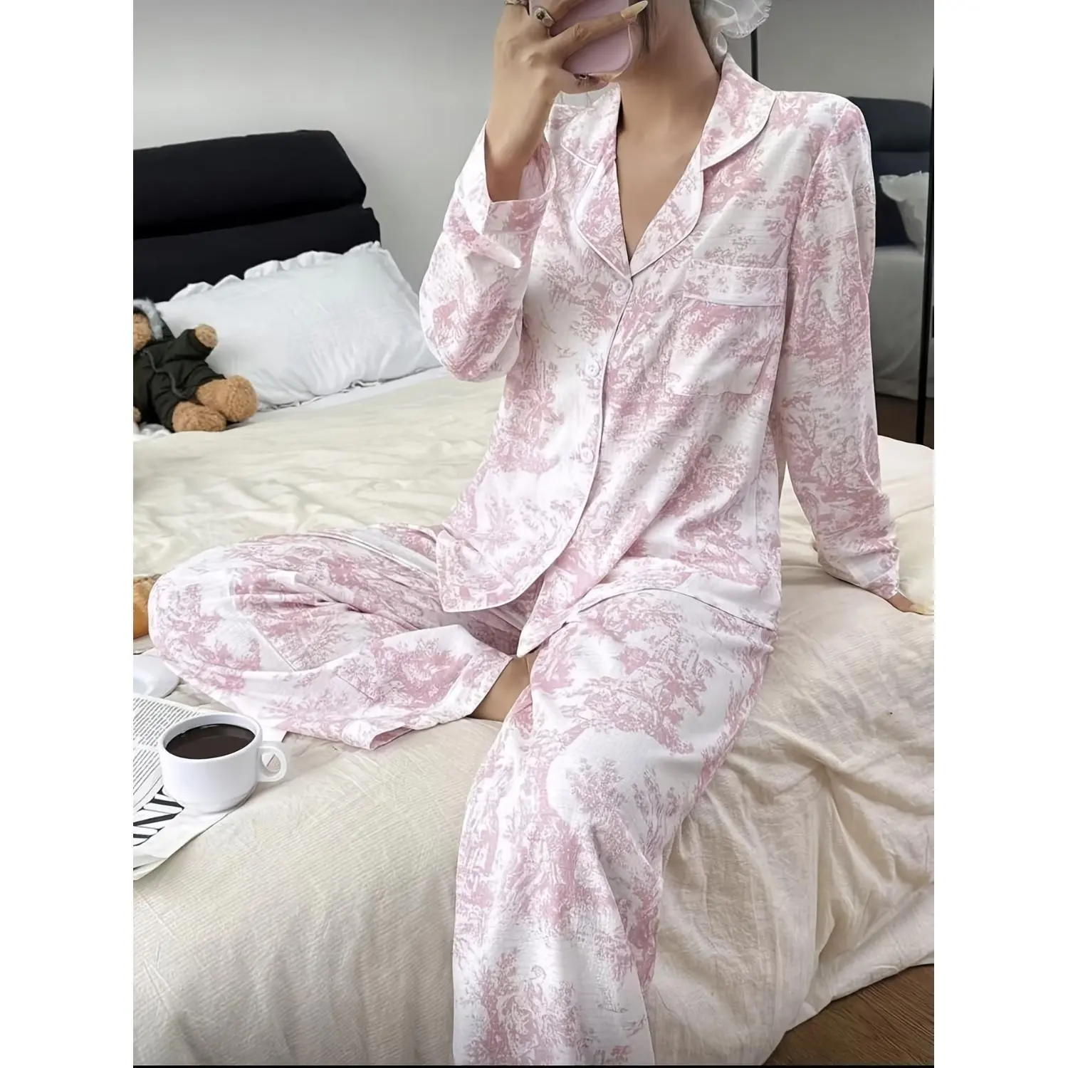Women's Long Sleeve Collared Pajama Set - Full Print Plant Design, Comfortable Soft Home Wear for Autumn and Winter