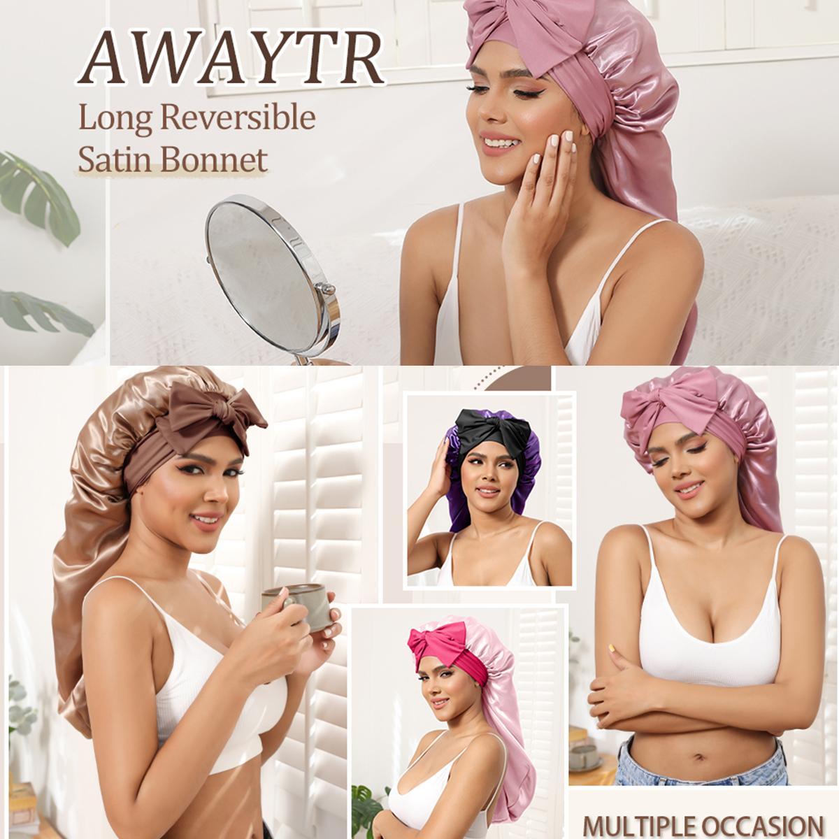 AWAYTR Long Double Layer Satin Bonnet for Sleeping Reversible Silk Feeling Bonnets for Long/Curly Hair Women Sleeping Cap with Tie Band Head Wrap Nightcap TikTokShopBlackFriday