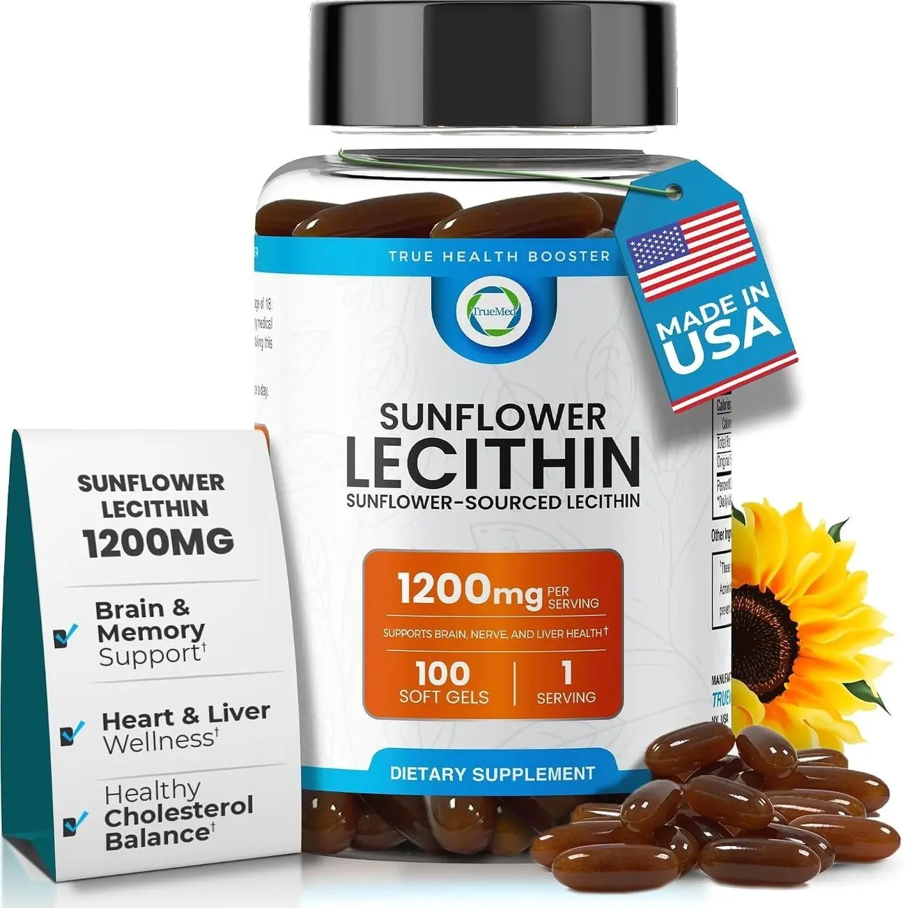 TRUEMED Organic Sunflower Lecithin 1200mg – Soy-Free Lecithin Supplement for Brain, Heart, Nerve & Liver Support, Cognitive Health, Non-GMO – 100 Softgels (Made in USA)