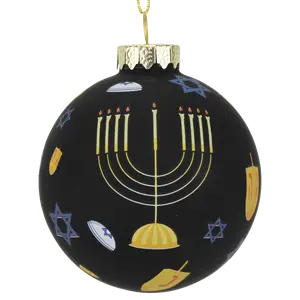 Tree Buddees Hanukkah Jewish Glass Ornament Decoration 3 Inch Menorah Candles Kippahs Dreidels Star of David Festive Holiday Decor