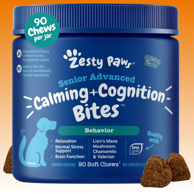 Zesty Paws Senior Advanced Calming & Cognition Bites for Senior Dogs, Dog Composure Chews, Soft Chew Relief Pet Treats for Everyday Stress Support