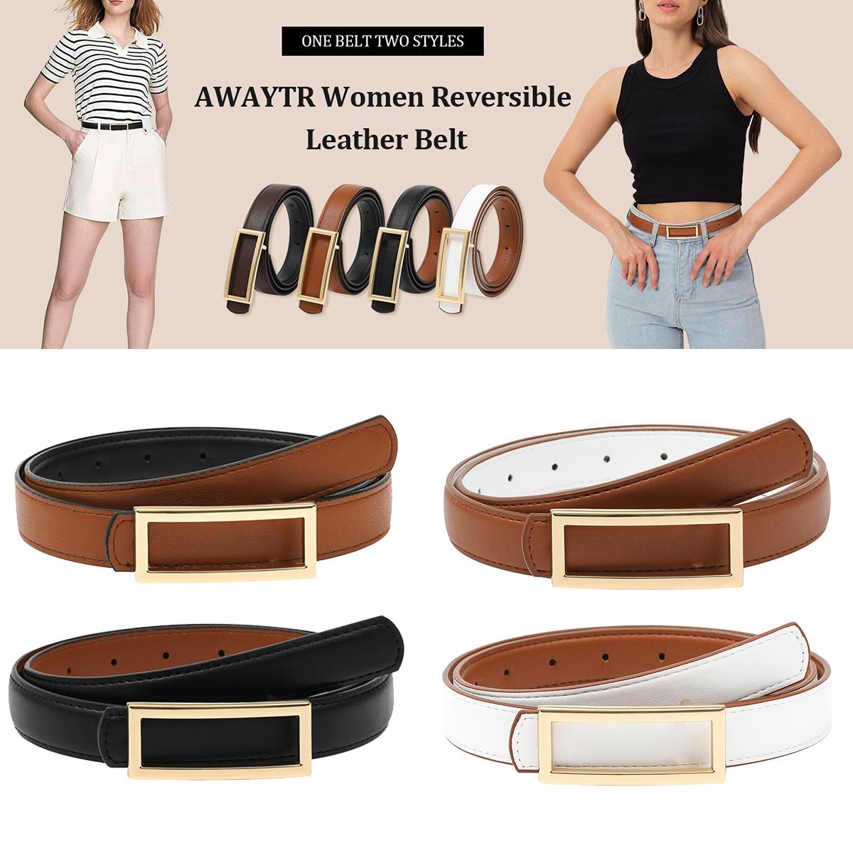 AWAYTR Women Reversible Leather Belt Two-in-One Ladies Fashion Skinny Belts for Jeans Dress with Golden Buckle TikTokShopBlackFriday