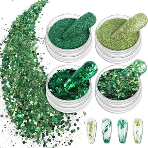 Nail Glitter 4 Colors Shamrock Glitter Green Glitter Iridescent Chunky Nail Flakes Hexagon Sequins Sparkly Fine Powder for Spring St. Patrick's Day Nails DIY Gel Polish Shamrock Decorations