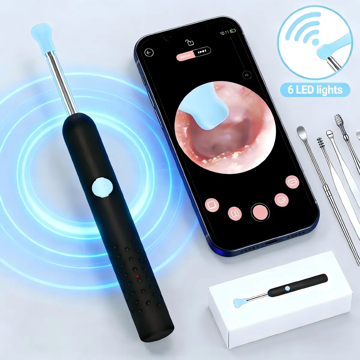 Ear Wax Removal Tool with 1080P Camera, Wireless Ear Cleaner Kit with 6 LED Lights and 8 Soft Silicone Spoons, Compatible with iOS & Android, Ear Wax Removals