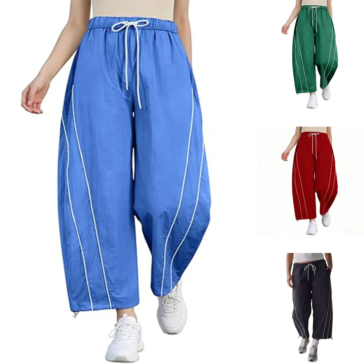 Tanming Women's Wide-Leg Nylon Track Pants, Baggy Barrel Style with Drawstring Waist and Cinchable Hem for Gym, Hiking and Casual Wear