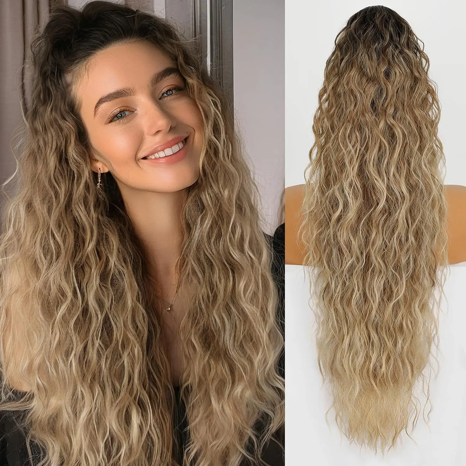 Women's 30 In Claw Ponytail Extension - Fluffy Natural-Looking Wavy Hair, Ombre Brown Mix Blonde Clip-In Synthetic Extensions & Pieces, Fashion Accessories for Women for Ponytail Hairstyles, Synthetic Wavy Hair, Ombre Hair