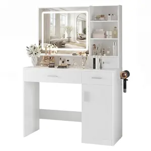 Makeup Vanity Desk with Mirror and Lights – Power Outlet & Adjustable RGB LED Lights – Dressing Table with Storage Shelf for Women & Girls Bedroom