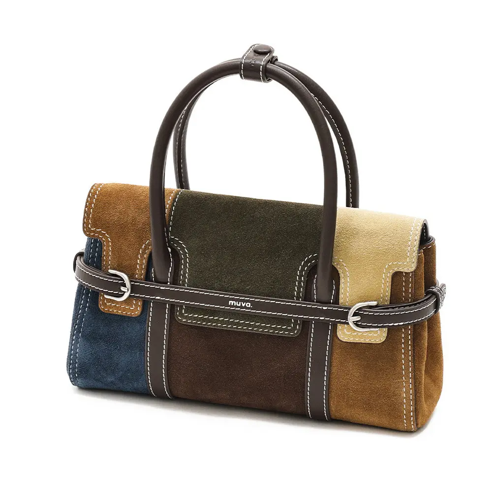 MUVA Color Block Handbag Small Square Bag Matcha & Sea Salt Coluli PU Material Polyester Lining Winter 2025 Daily Use Sewing Line Design Single Shoulder Strap Crossbody Bag