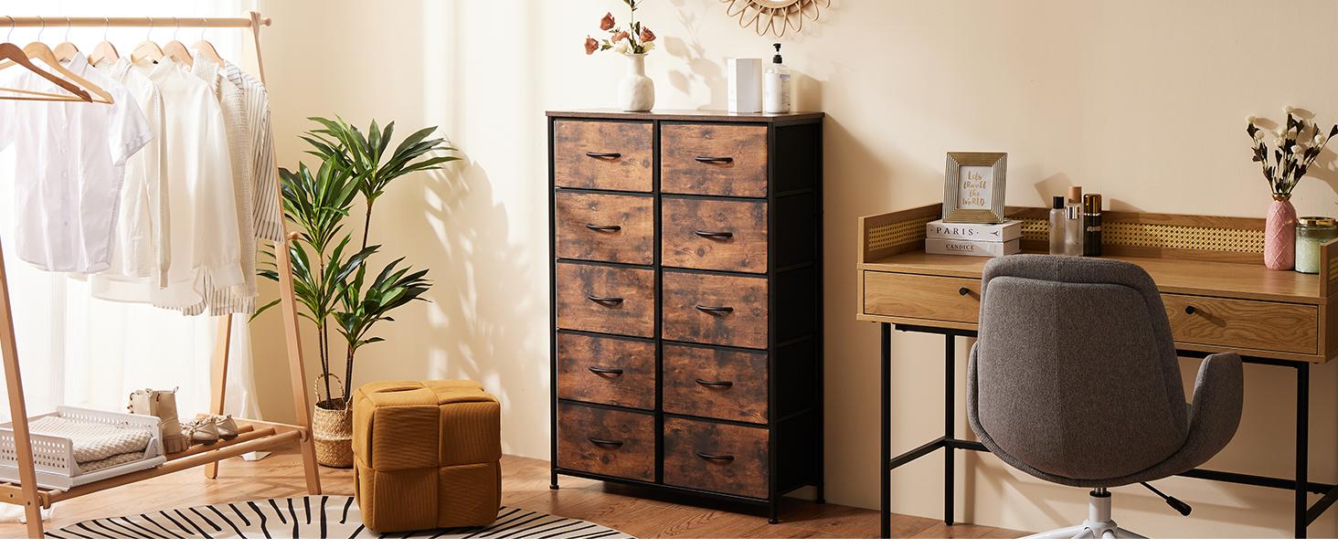 Tall Dresser for Bedroom with 10 Fabric Drawers, Organizer Units for Closet, Storage Tower with Cabinet, Metal Frame, Rustic Brown Wood Grain Print Dressers Tall Dresser for Bedroom with 10 Fabric Drawers, Organizer Units for Closet, Storage Tower with Cabinet, Metal Frame, Rustic Brown Wood Grain Print Dressers