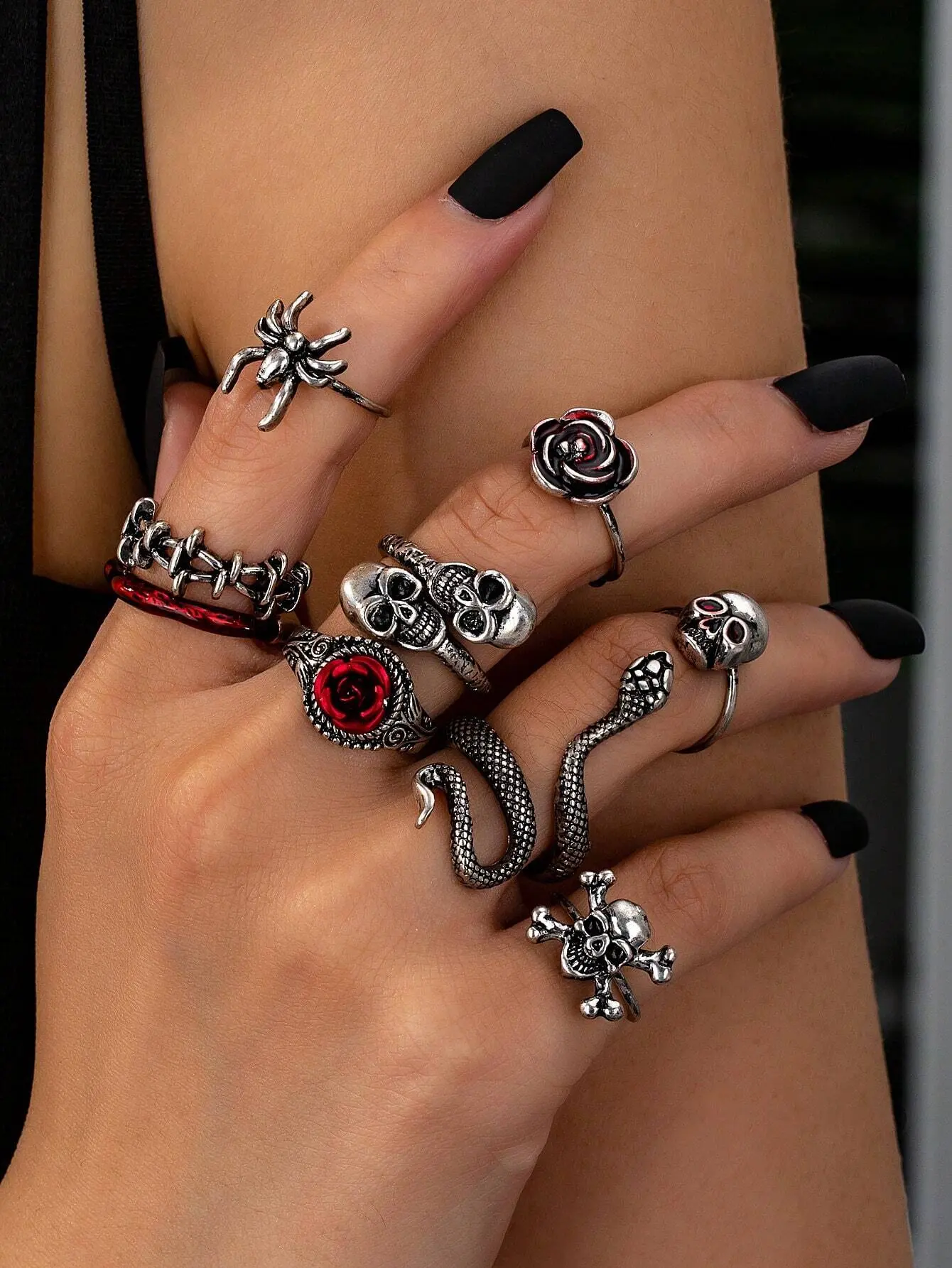 Gothic Vampire Ring Set, Spider Snake Skull Skeleton Stackable Rings, Women's