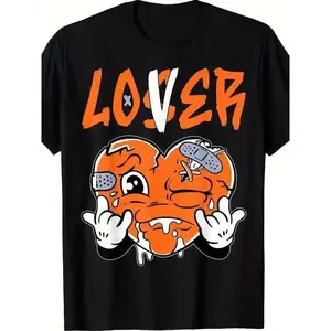 Men's Retro Streetwear T-Shirt – "Lover" Orange Heart Graphic, Black 100% Cotton Tee, Soft Breathable Hip Hop Style Summer Top, Casual Aesthetic Look