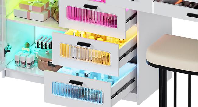 Miu Vanity Set with 24-Color RGB Lights, Wireless Charging, HD Mirror,8-Drawer Chest, Cushioned Stool & Large Storage Furniture Organizing