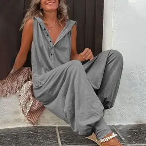 2026 Women's Button Hooded SleevelessTrousers Jumpsuit Baggy Pants FashionWomen's Wear 2025 Vacation Commuting
