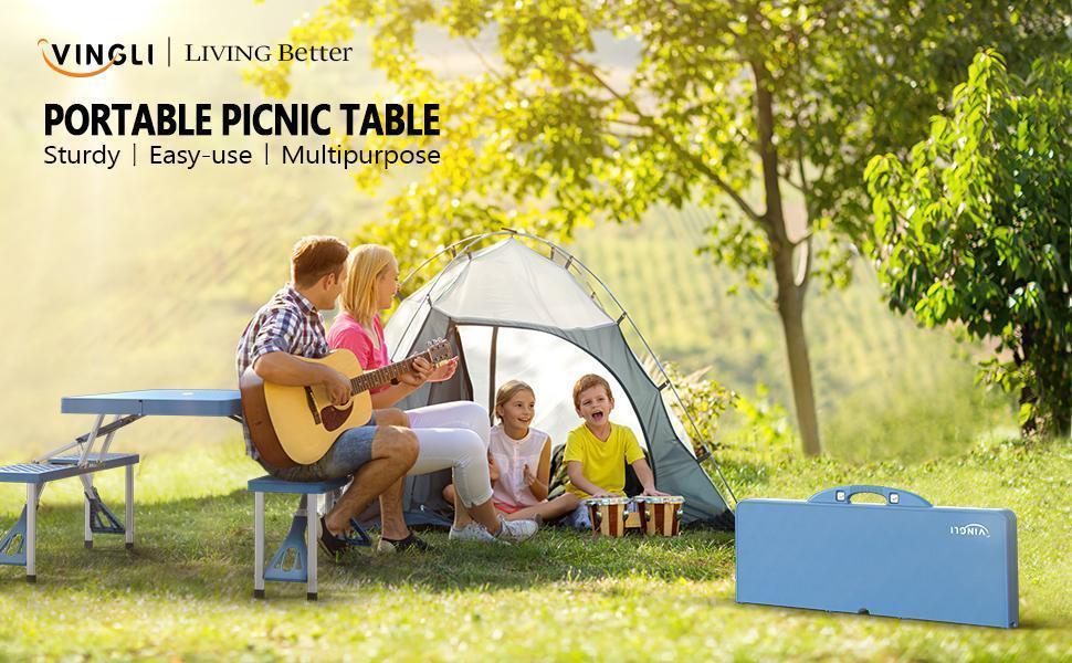 VINGLI 4 Ft Camping Picnic Table Set with 4 Seats with Umbrella Hole Folding Lightweight Suitcase Card Table-220 Lbs Support Aluminum Frame, Plastic RV Tabletop for Barbecue,Travel,Outing,Gathering