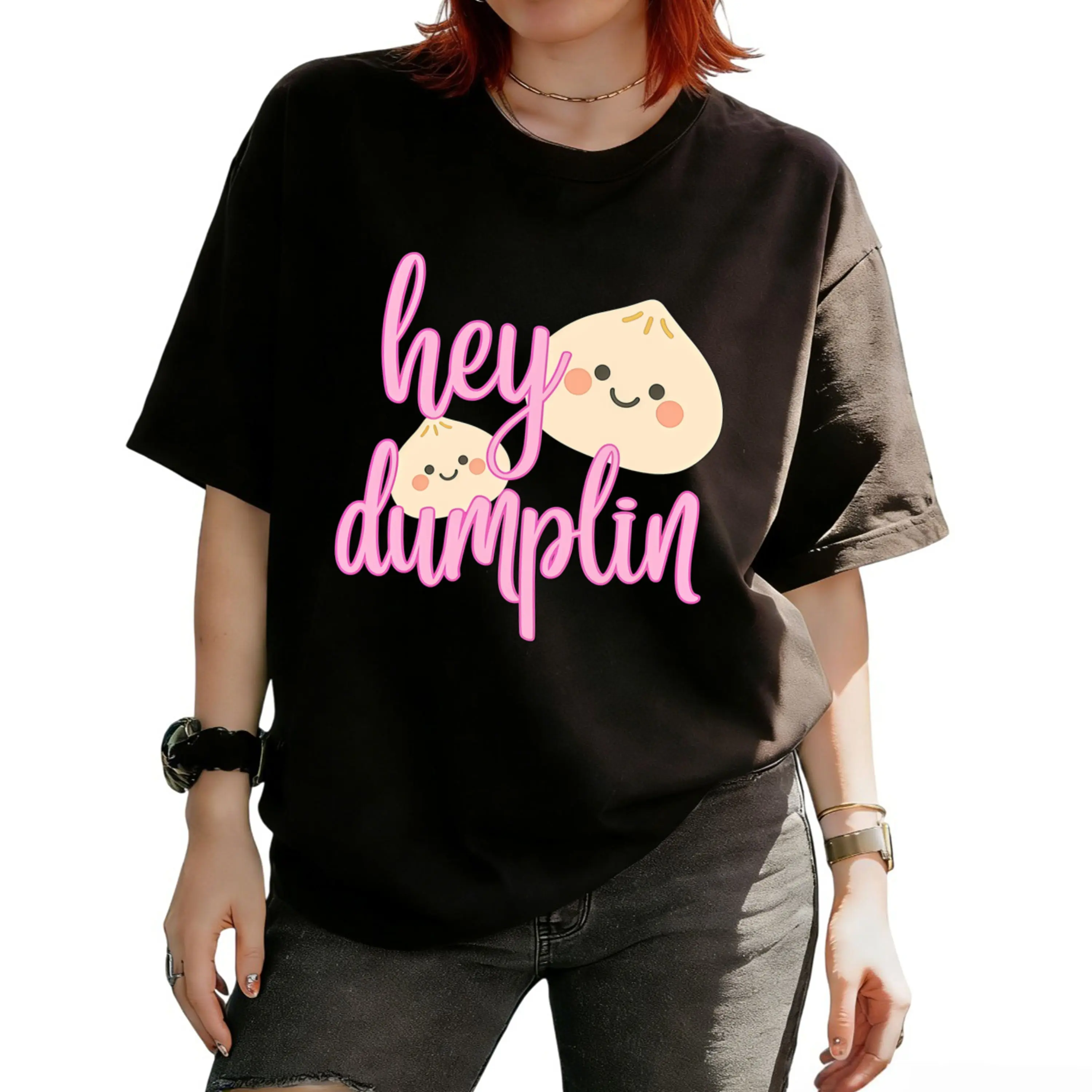 Hey Dumpling Print T-Shirt Short Sleeve Round Neck Casual Top Suitable for Spring Summer Women'S Clothing Same Style for Men And Women 2026 Summer Short-Sleeved Printed T-Shirt
