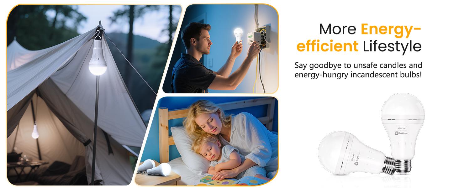 Brighttown Rechargeable Emergency Light Bulb, 60W Equivalent, 7W 1200mAh 6500K Daylight White 620LM Battery Powered Backup Bulb for Home, Lamps, Power Outages, Camping, Hurricanes, 6-Pack