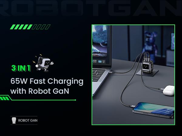 UGREEN Uno 65W USB C Charger Block, Nexode 3-Port GaN Fast Charger with Screen, Fun Robot Gifts for Men Women, Compatible with iPhone 17, MacBook Pro/Air, XPS, Galaxy S25, Steam Deck, ROG Ally, Black