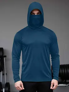Men's Casual Hooded Long Sleeve T-Shirt with Face Mask, Full Head Coverage, Ideal for Fitness & Outdoor Adventures
