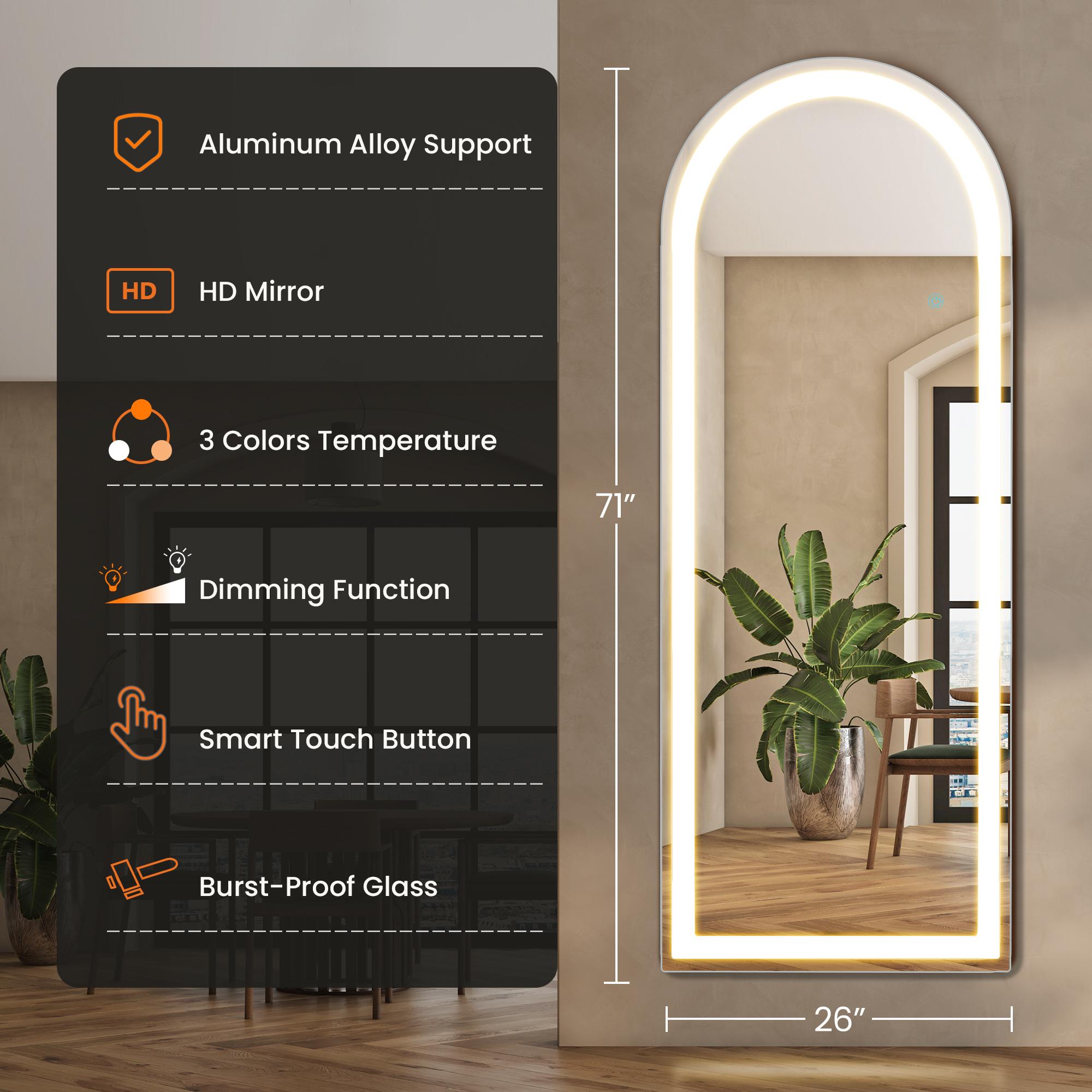 LED Floor Standing Mirror with Stand - 3 Color Lighting (White/Warm/Natural), Lighted Vanity Mirror Wall Mounted or Freestanding, Touch Control (71x26")