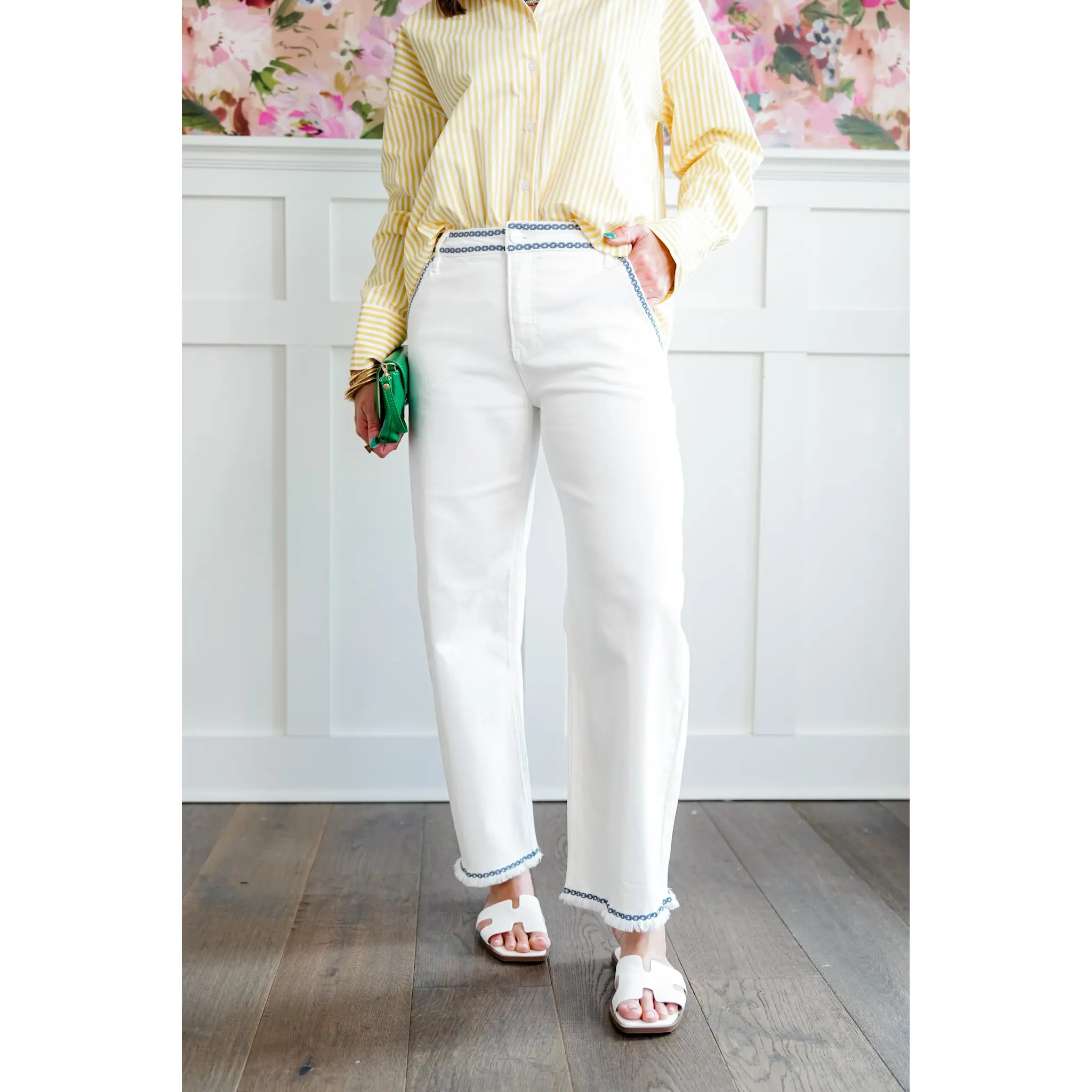 Risen High Rise Cream Tummy Control Embroidered Barrel Jeans
