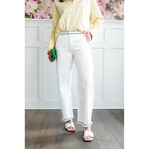 Risen High Rise Cream Tummy Control Embroidered Barrel Jeans