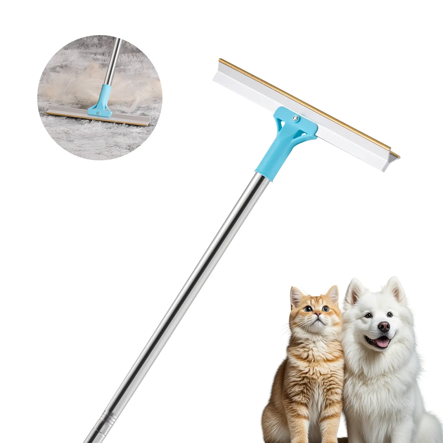 VEVOR Durable & Strong Long Rod Type & Metal Pet Hair Carpet Rake Brush, 3-Section Adjustable Handle (35.83-55.51 in) with Copper Bristles, Press & Push Remover Scraper, Wall Hang Hooks, Easily Clears Stubborn Hair for Small Spaces Carpet Sofa Car Seats