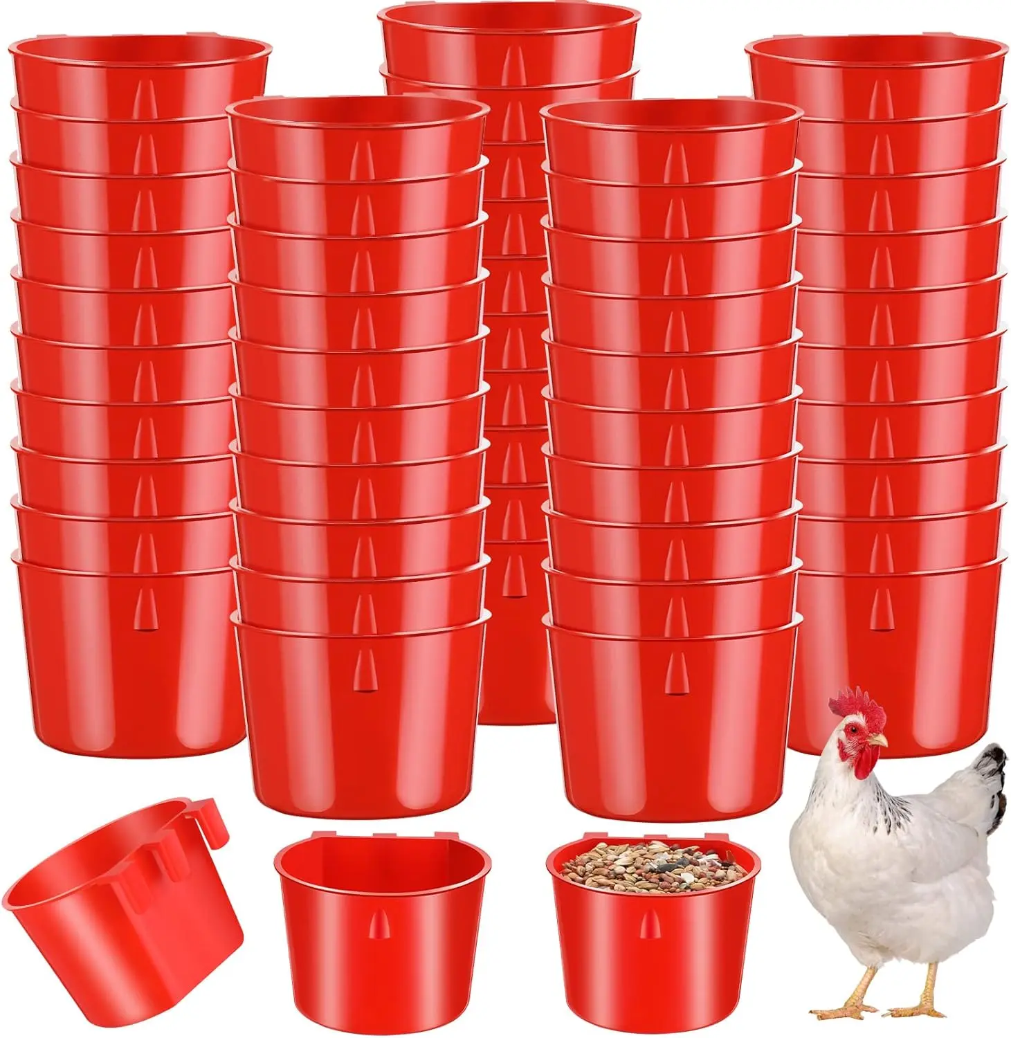 60 Pcs Cage Cups Chicken Feeder Birds Hanging Feeders Seed Bowl 8 oz Plastic Water Bowl Hanging Chicken Gamefowl Waterer Feeding Watering Dish Coop Cups for Parrot Parakeet Poultry(Red)