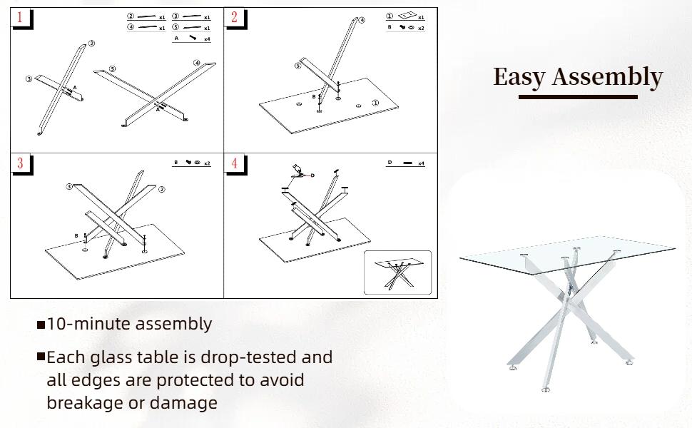 51.18 "Rectangular Glass Dining Table with Clear Tempered Glass, Golden Plated Tubular Metal Legs with Adjustable Leveling Feets, Kitchen Table for Dining Room,Dinner Table（ONLY TABLE）