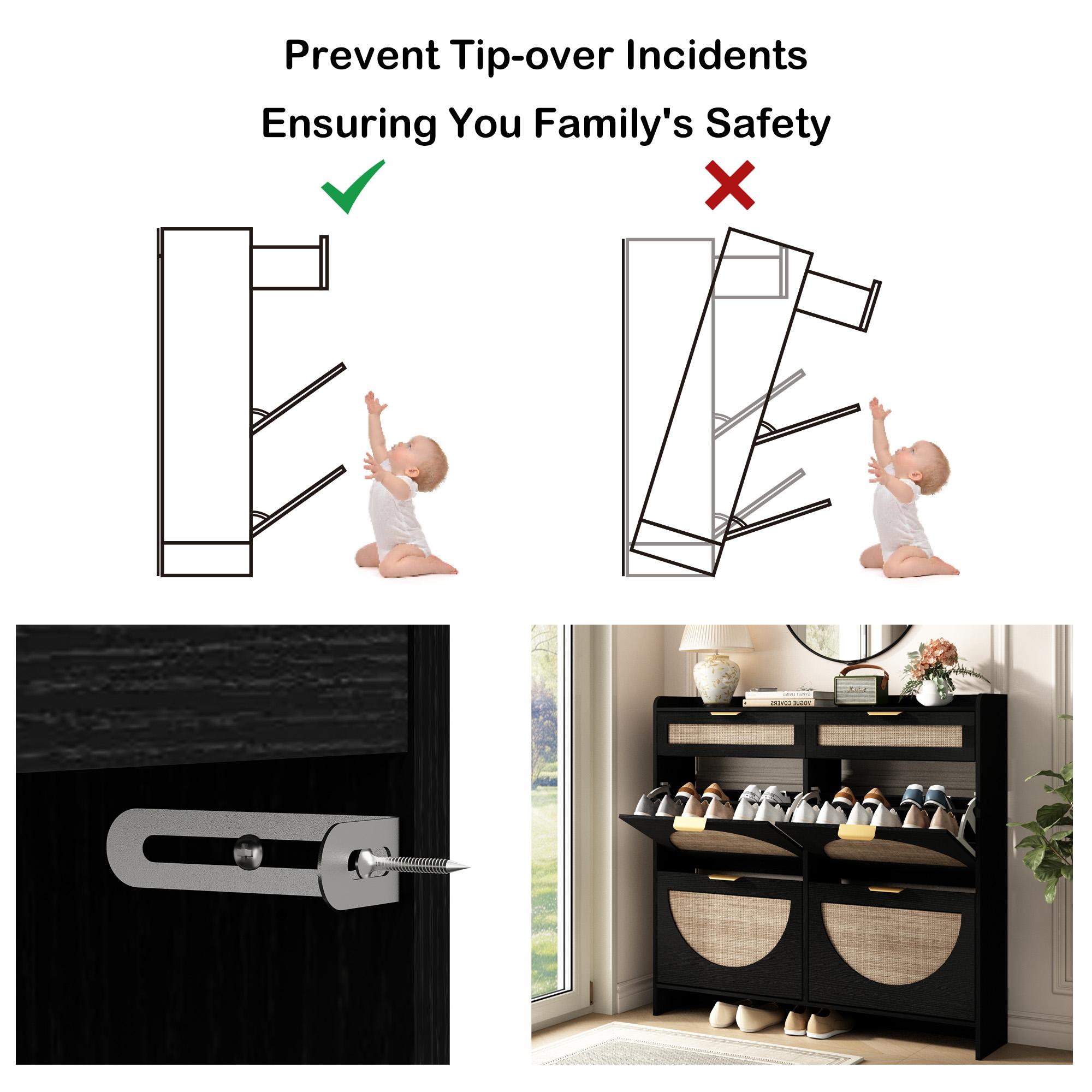 PieDle Furniture Oversized Rattan Shoe Storage Cabinet with 4 Flip Drawers & 2 Drawers – Hidden Slim Shoe Organizer for Entryway, Large Tabletop Space, Farmhouse Boho Narrow Shoe Rack