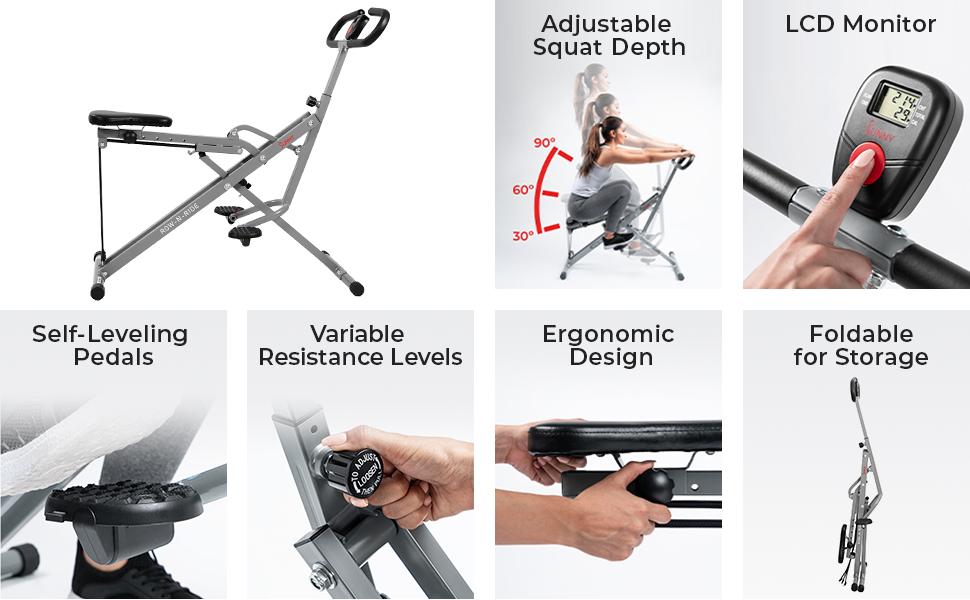 Sunny Health & Fitness Row-N-Ride Hybrid Rowing & Squat Machine Home Gym Workout Fitness Adjustable Resistance Compact Foldable Design 300 lbs Capacity
