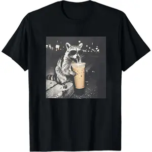 Retro Raccoon Drinking Iced Coffee Shirt | Funny Animal Meme Tee | Coffee Lover Raccoon Shirt | Unisex Graphic T Shirt