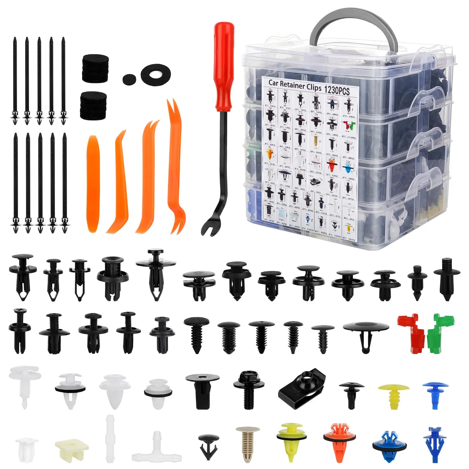 1240 PCS Car Retainer Clips & Fasteners Kit - 32 Universal Sizes Nylon Bumper, Fender, Door Panel Push-In Trim Fasteners & Clips with 10 Cable Ties, Removal Tool for Toyota, Ford Car Accessory Vehicle