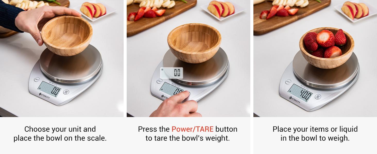 Etekcity Food Kitchen Coffee Scale with Bowl, 11lb/0.1g, Digital Weight Grams and Oz, Baking, Cooking, Dieting, and Meal Prep, 5kg, Stainless Steel, EK5250