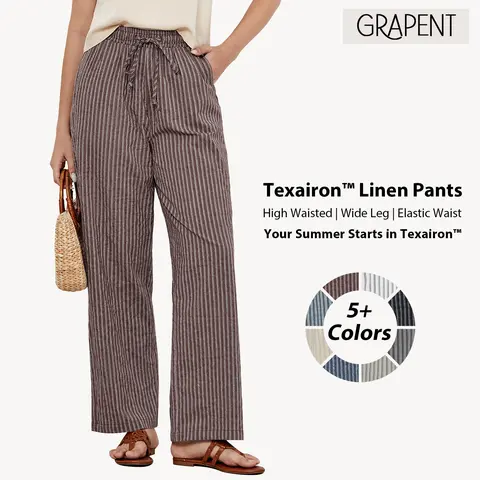 GRAPENT Texairon Linen Striped High-Waist Wide-Leg Pants for Women - Elastic Waist, Casual Streetwear Pants, Cotton, Loose-Fitting, Flowy Beach Bottom, All Seasons, Machine Washable, Fashion Normal Type Trousers